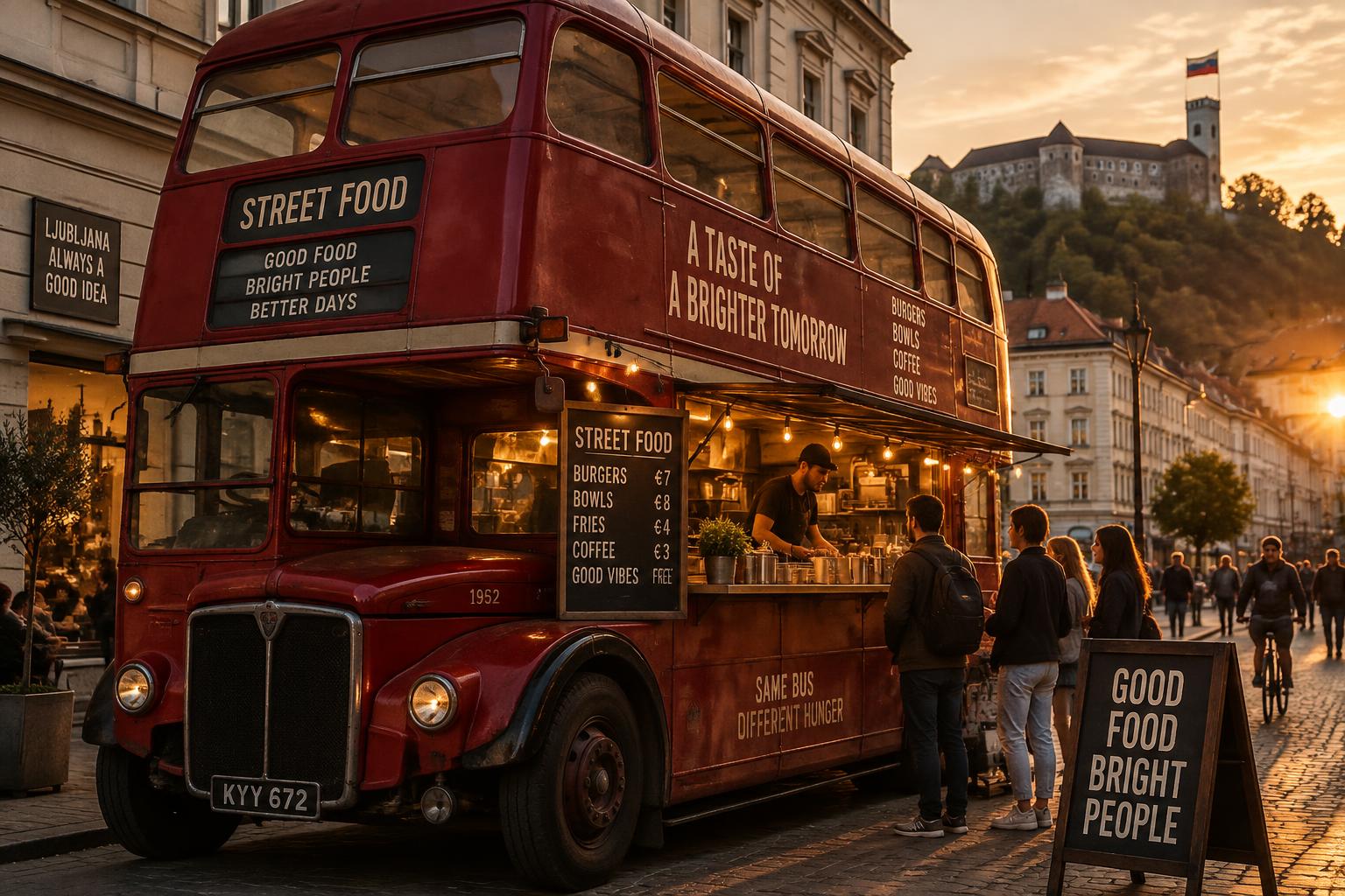 Dvonadstropni avtobus letnik 1952 kot street food lokal v Ljubljani