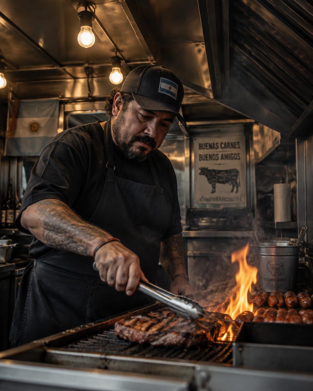 Chef Damian Moscoloni pri žaru v kuhinji avtobusa